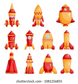 Set of bright red and yellow rockets in a cartoon style on a white background.  Collection of children's toys. Vector illustration