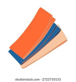 Conjunto de bandas de resistencia brillantes indicadas por diferentes colores. Bandas de goma naranja y azul dobladas para entrenamientos en casa y entrenamientos de gimnasio. Ilustración plana de Vector aislada sobre un fondo blanco.