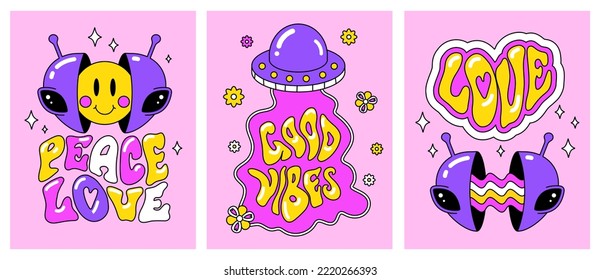 A set of bright retro postcards in the style of hippies and UFOs. Peace and love, good vibes! Girl stickers, patches