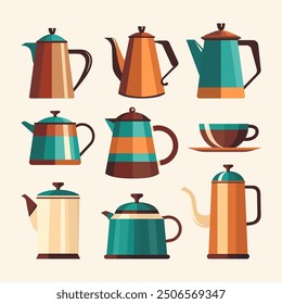 Set of bright retro teapots for design in simple flat vector style.