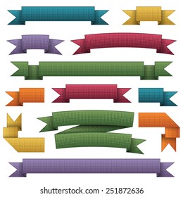 set of bright ribbon banners with half tone pattern, isolated on white