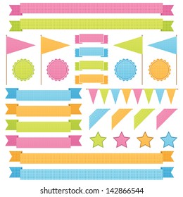 set of bright ribbon, flag and badge decorations isolated on white