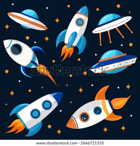 Set with bright rockets and spaceships on a dark background with stars. Simple flat illustration