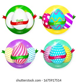 Set of bright round easter stickers with eggs on a white background. Realistic style. Stock vector illustration. 