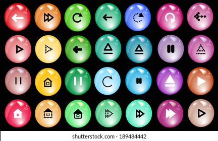 A set of bright round glass colored buttons - forward, rewind, play, pause, home, refresh, next, open