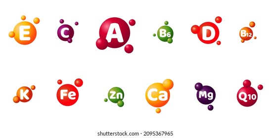 A set of bright round multi-colored vitamins and minerals. Volumetric design isolated on white background, eps 10.