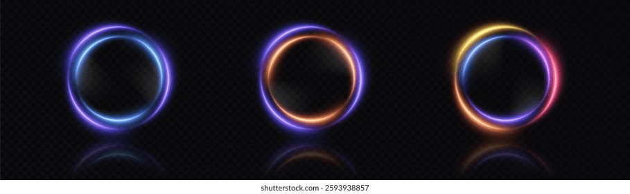 Set of bright round ring frames with colorful gradient transitions with space for text or object in the center, bright light frame object for illustrations or game interfaces. Vector