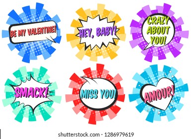 Set of bright round striped retro comic speech bubbles with halftone shadow in pop art style. Color message balloons with HEY BABY, AMOUR, SMACK text for St. Valentines decoration, advertisement text