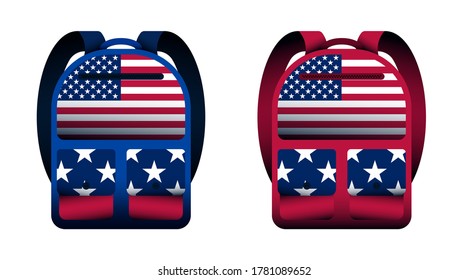 set of bright school backpacks with american flag elements. Foreground. September 1, beginning of year at school. Vector student accessories on a white background