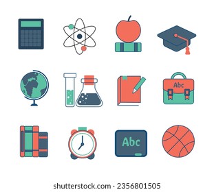 
Set of bright school icons on white background