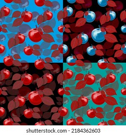 Set of Bright Seamless apple patterns in the style of Andy Warhol. Seamless patterns of apples. Red and blue apples with leaves on bright background. Seamless fruit pattern. Set of patterns.