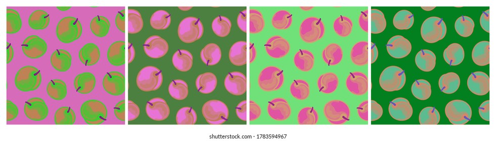 Set of bright seamless botanical patterns with apricots. Vector illustration.