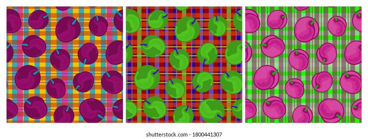 Set of bright seamless botanical patterns with apricots on plaid background. Vector illustration.