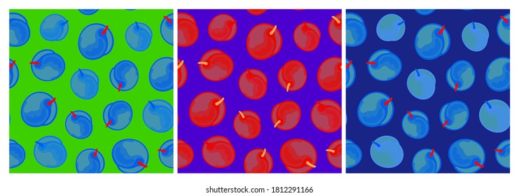 Set of bright seamless botanical patterns with apricots. Vector illustration.