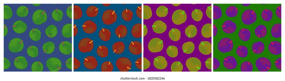 Set of bright seamless botanical patterns with apricots. Vector illustration.