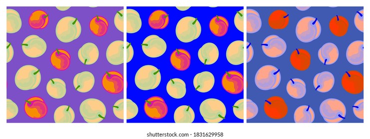 Set of bright seamless botanical patterns with apricots. Vector illustration.