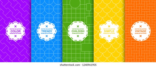Set of bright seamless colorful geometric patterns - symmetric design. Vector vibrant backgrounds