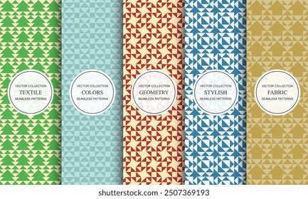 Set of bright seamless colorful patterns with geometric shapes. Retro textured backgrounds. Festive vibrant prints