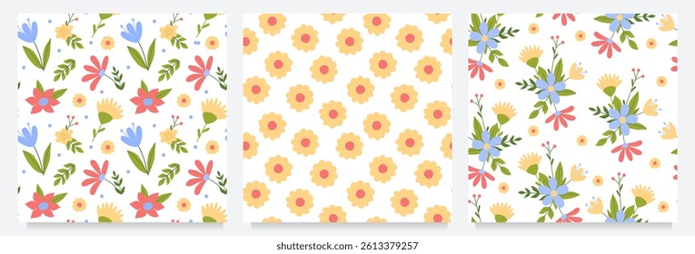 Set with bright seamless floral patterns. Collection of kids cute prints for textile wrapping scrap paper. Simple childish vector illustration