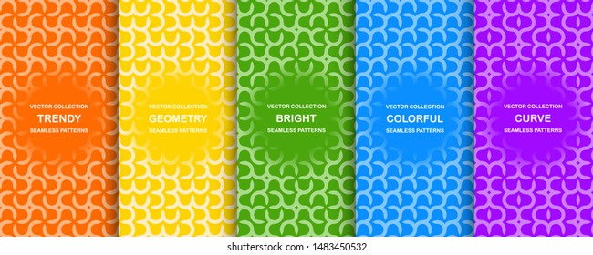 Set of bright seamless geometric patterns with creative unusual shapes. Stylish colorful curve textures. Simple endless vibrant backgrounds