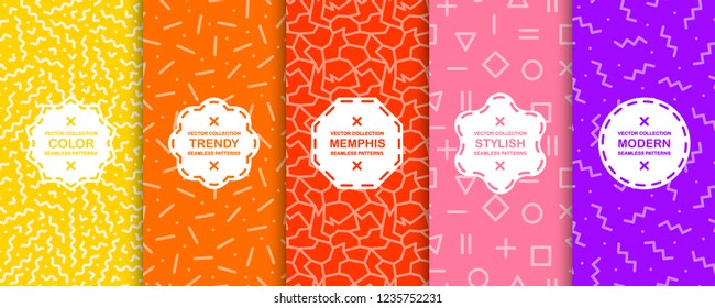 Set of bright seamless memphis patterns. Colorful trendy backgrounds, fashion design 80-90s