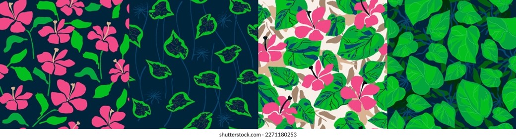  Set of bright seamless nature pattern. Abstract tropical leaves, plants, flowers, background, hand drawn, minimalist. Pink and green. Packaging, wallpaper, design for textiles, vector