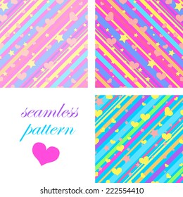 set of bright seamless pattern with colorful diagonal  stripes, stars and hearts for girls