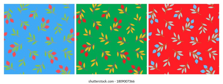 Set of bright seamless patterns with branches, berries and leaves. Repeat abstract botanical patterns. Vector illustration.