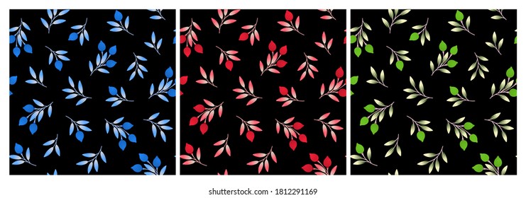 Set of bright seamless patterns with branches, berries and leaves. Repeat abstract botanical patterns. Vector illustration.
