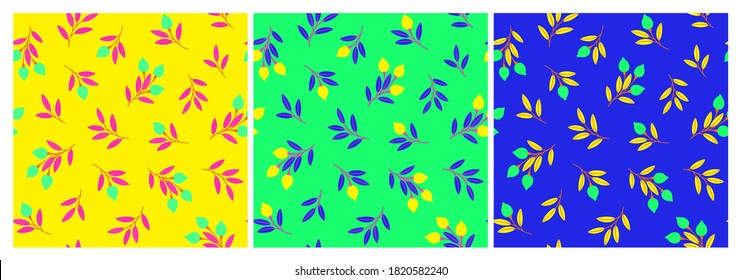 Set of bright seamless patterns with branches, berries and leaves. Repeat abstract botanical patterns. Vector illustration.