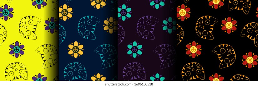 Set of bright seamless patterns with cats and flowers, cartoon style, childish, yellow, blue, purple, orange