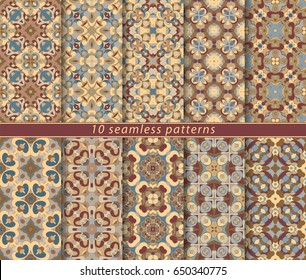 Set of bright seamless patterns. A collection of ten ornaments of red and orange in an ethnic style. Vector illustration.