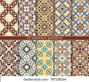Set of bright seamless patterns. A collection of ten ornaments of red and orange in an ethnic style. Vector illustration.