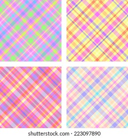 Set of bright  seamless patterns with colorful diagonal stripes and cells for girls