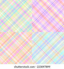 Set of bright  seamless patterns with colorful diagonal stripes and cells for girls