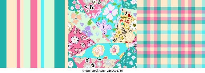 Set of bright seamless patterns created in colors and shapes that complement each other. Floral patchwork, stripes, Scottish square for home design, fabric print, wallpaper, wrapping-paper, cover.