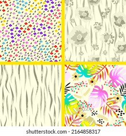 Set of bright seamless patterns created in colors and shapes that complement each other. Flowers and leaves on pale yellow backgrounds. For home design, fabric print, wallpaper. Eps10. Vector.