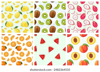 A set of bright seamless patterns with fruits.
