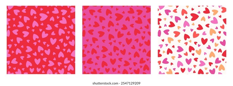 Conjunto de patrones brillantes sin fisuras con corazones de varios colores para el día de San Valentín. Estampados festivos para la celebración del amor. Muchos corazones. Patrones inconsútiles para los textiles, abrigo del regalo, diseño