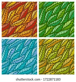 Set of bright seamless patterns with leaves of different shades. Seasonal colors: green summer, spring, red-orange autumn, blue winter. Collection of textures for wallpapers, fabrics, paper, web pages