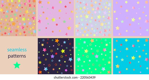 A set of bright seamless patterns with multicolored stars