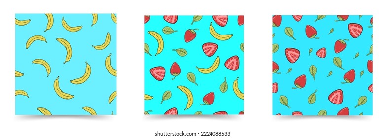 Set of bright seamless patterns with strawberries and bananas on a blue background.