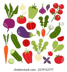 Set of bright seasonal vegetables. Pepper, tomato, eggplant, cucumber, carrot, onion, garlic on a white background. Can be used for menu, packaging, textiles. Vector illustration. Cartoon design.