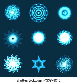 Set of bright shining mandala. Decorative element with shine ray. Vector illustration