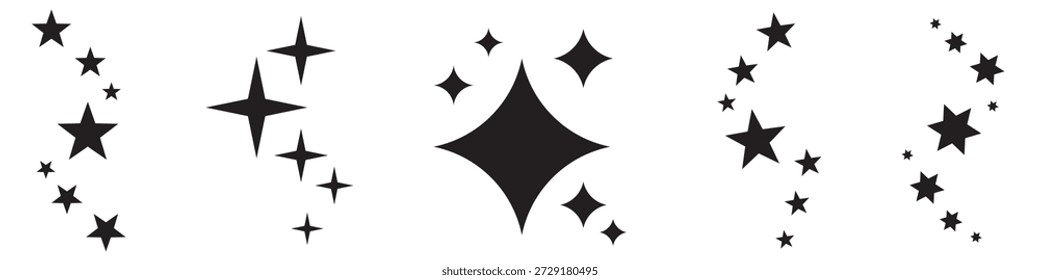 Conjunto de iconos brillantes brillantes de la estrella con efectos de la luminosidad, aislados en un fondo transparente. Incluye símbolos de estrellas y Formas radiantes perfectas para resplandor, brillo y acentos destacados.