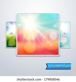 Set of bright shining sun with lens flare. Web slider stylization. Vector illustration.
