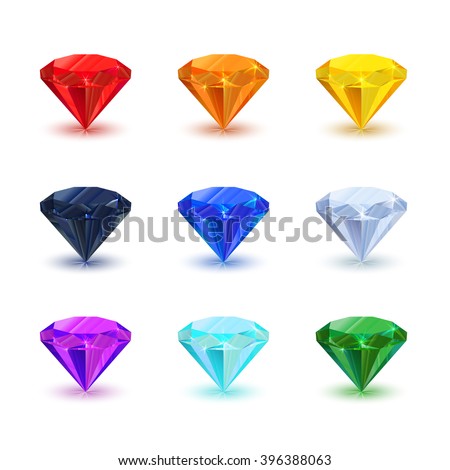 Set of bright shiny gemstone isolated on white. Diamond, sapphire, ruby, emerald, and other.
