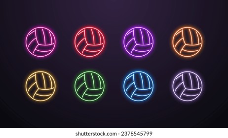 A set of bright shiny icons of volleyball balls in the colors blue, yellow, orange, red, green, white, purple and pink on a dark background. Logo on the theme of sports.