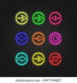 A set of bright shiny LED neon colored arrows on a brick wall background.2