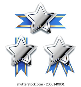 Set of bright silver awards in star shape with blue tape, glossy winner badges isolated on white